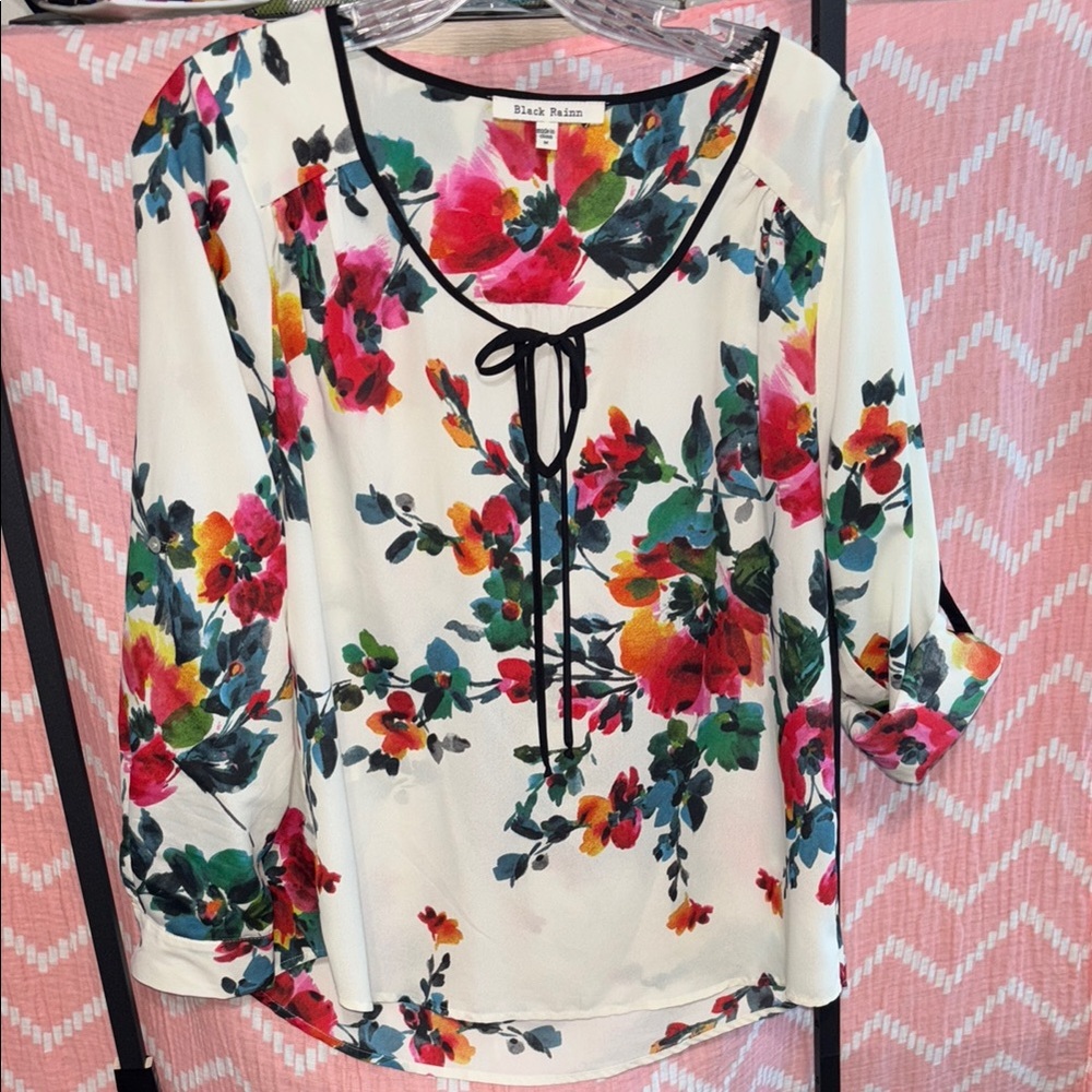 Black Rainn Floral Sheer Tie Front Blouse